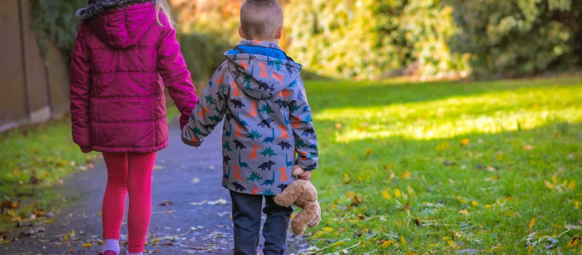 Boy holding hs favourite teddy bear soft toy holding hands with his sister and walking together on a path in the countryside in autumn